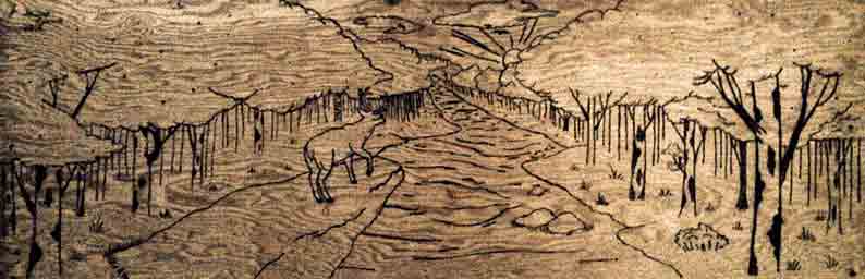 wood burn paneramic picture of a deer and a river symmetrical