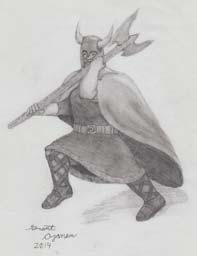 viking swinging a battle axe with cape drawing
